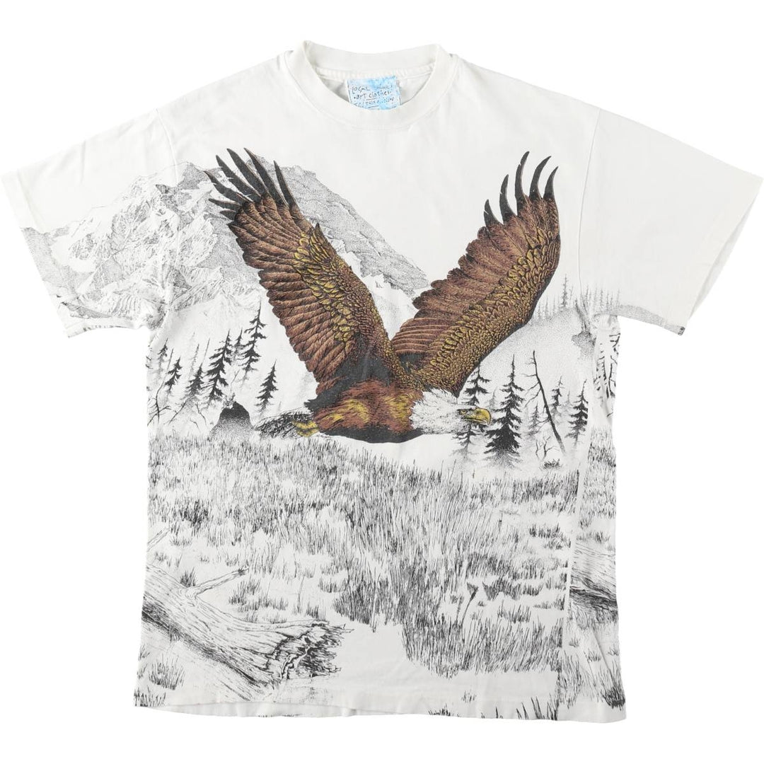 90'S LOCAL COLOR ART CLOTHES Hanes BEEFY-T Eagle Pattern All-Over Print Animal T-Shirt Made in USA Men's Size M (approx.) cotton white type Vintage Second Hand
