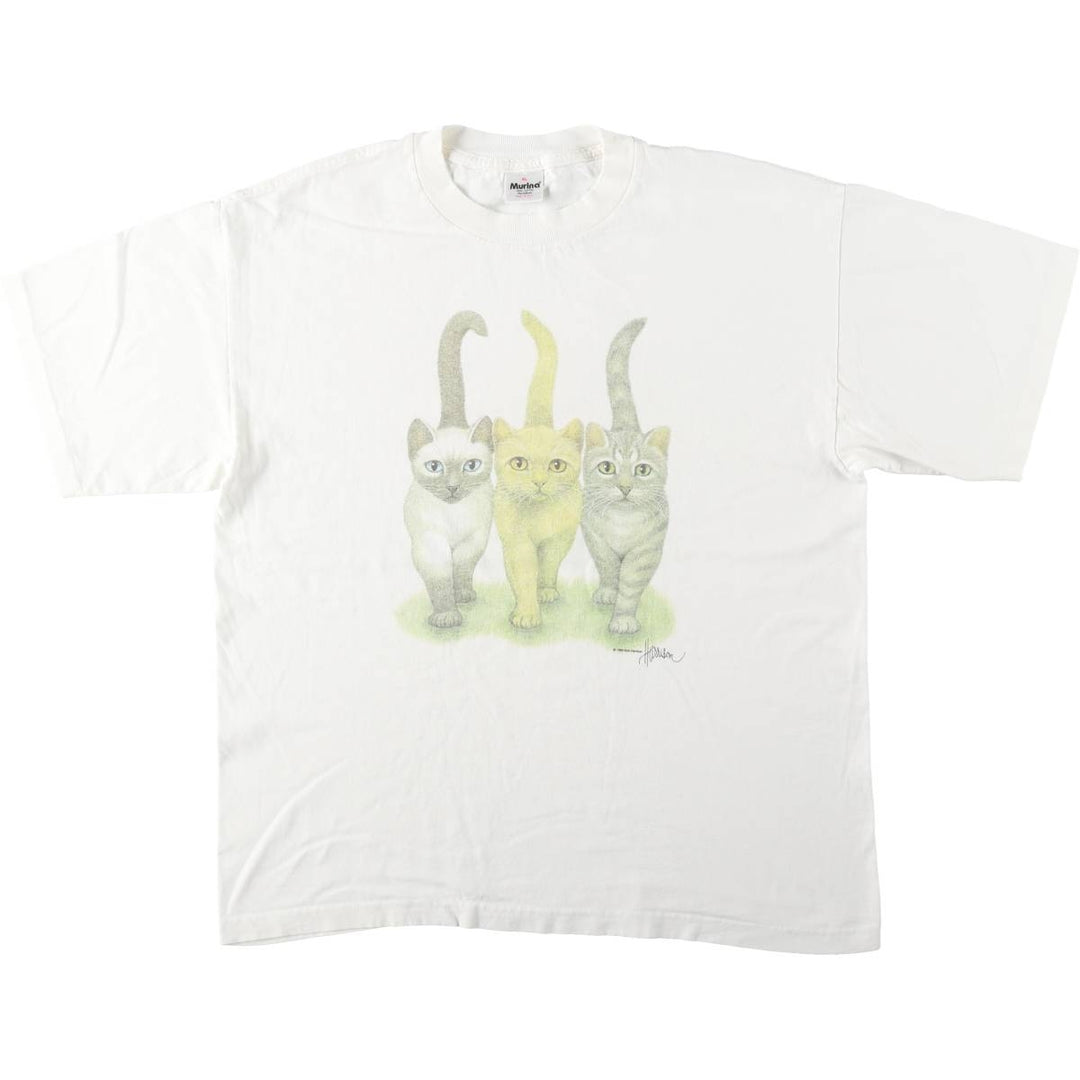 90'S MURINA Cat Pattern Animal T-Shirt, Made in USA, Men's XL equivalent, Vintage cotton white type Vintage Second Hand