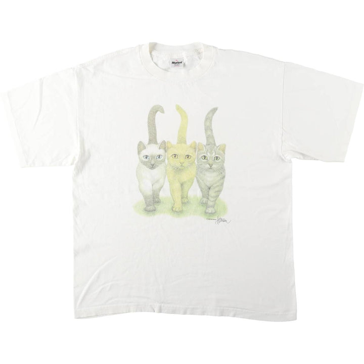 90'S MURINA Cat Pattern Animal T-Shirt, Made in USA, Men's XL equivalent, Vintage cotton white type Vintage Second Hand