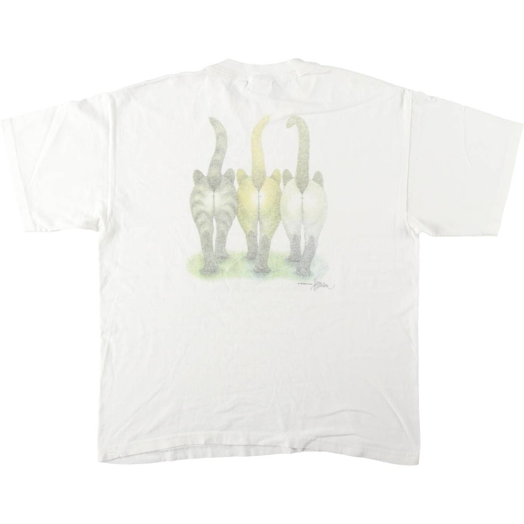 90'S MURINA Cat Pattern Animal T-Shirt, Made in USA, Men's XL equivalent, Vintage cotton white type Vintage Second Hand