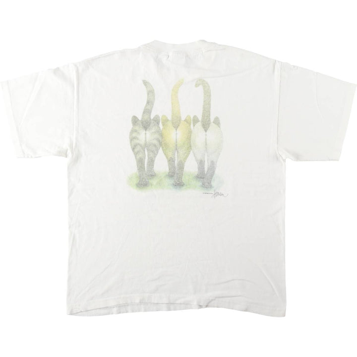 90'S MURINA Cat Pattern Animal T-Shirt, Made in USA, Men's XL equivalent, Vintage cotton white type Vintage Second Hand