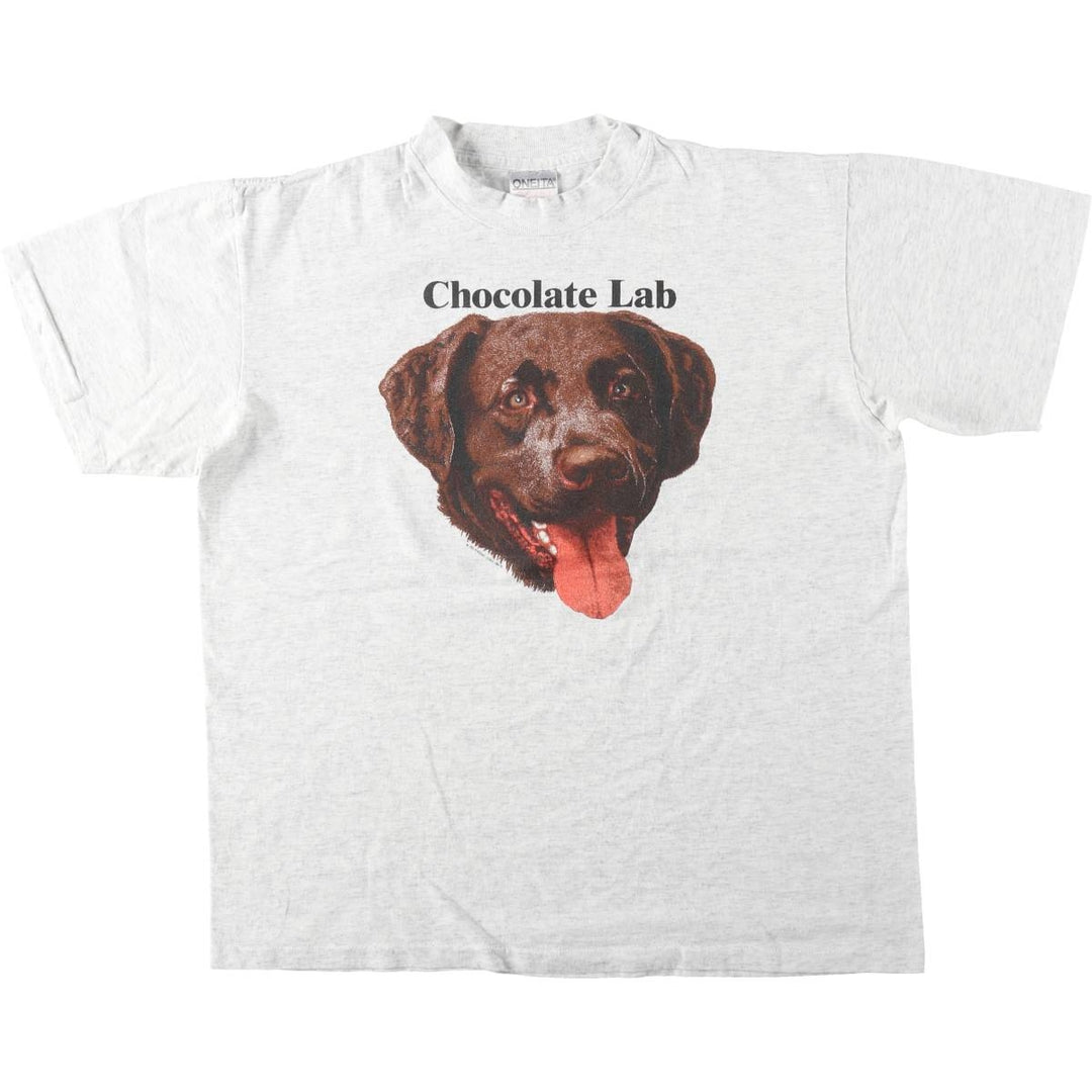 90'S ONEITA POWER-T CHOCOLATE LAB Dog Print Animal T-Shirt, Made in USA, Men's Size L (Equivalent), Vintage cotton gray type Vintage Second Hand