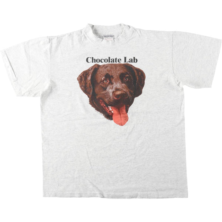 90'S ONEITA POWER-T CHOCOLATE LAB Dog Print Animal T-Shirt, Made in USA, Men's Size L (Equivalent), Vintage cotton gray type Vintage Second Hand