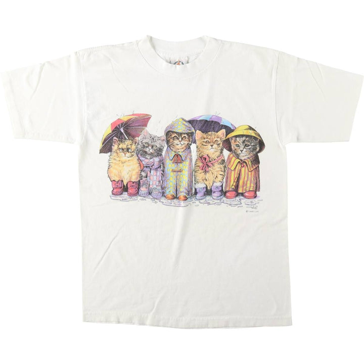 90'S PRINTS OF TAILS Cat Pattern Animal T-Shirt, Made in USA, Men's Size M (Equivalent), Vintage cotton white type Vintage Second Hand