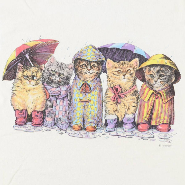 90'S PRINTS OF TAILS Cat Pattern Animal T-Shirt, Made in USA, Men's Size M (Equivalent), Vintage cotton white type Vintage Second Hand