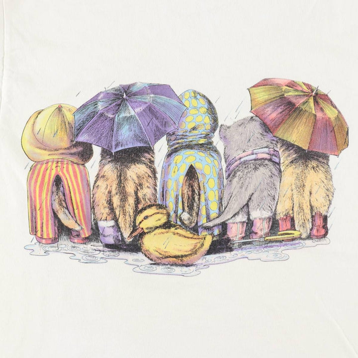 90'S PRINTS OF TAILS Cat Pattern Animal T-Shirt, Made in USA, Men's Size M (Equivalent), Vintage cotton white type Vintage Second Hand