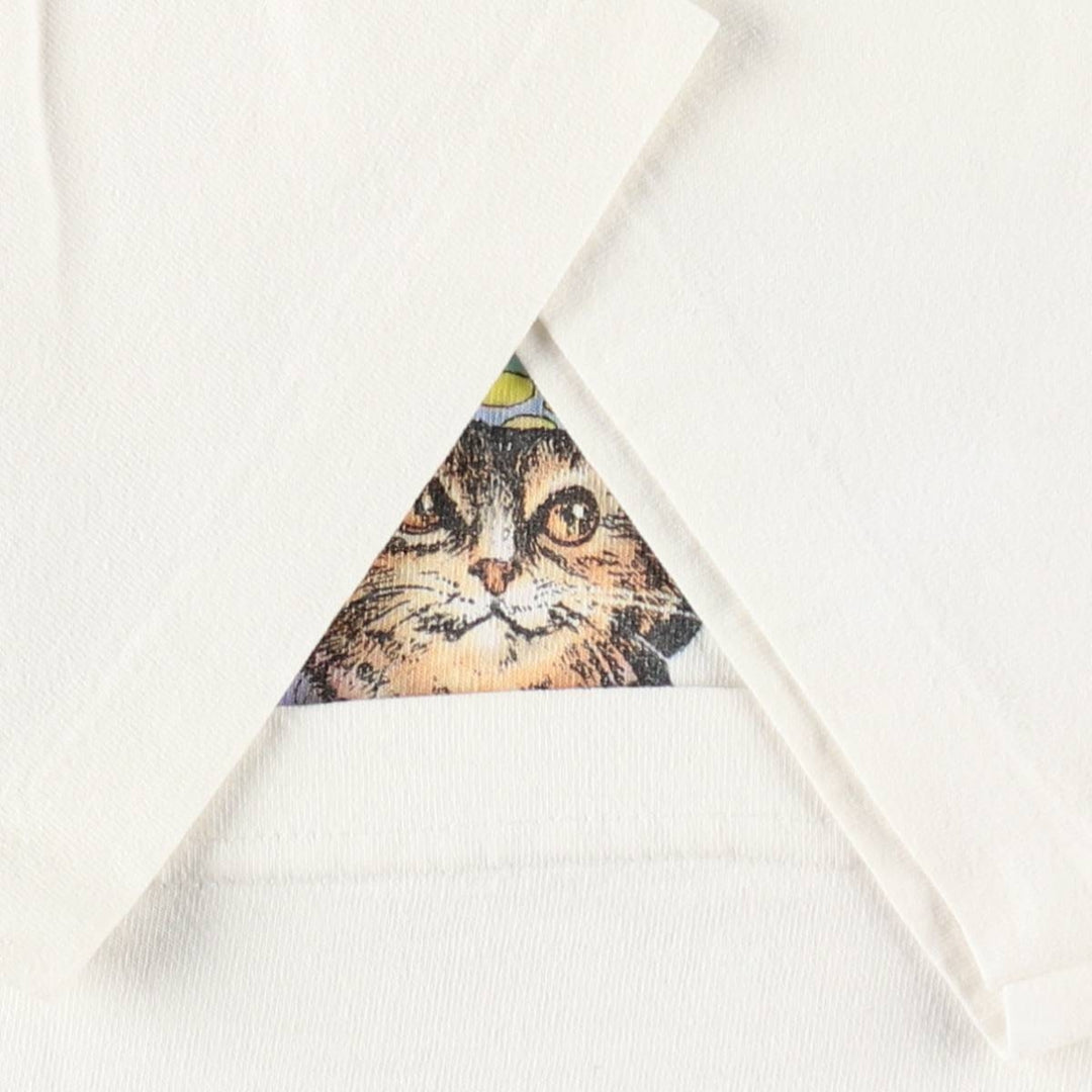90'S PRINTS OF TAILS Cat Pattern Animal T-Shirt, Made in USA, Men's Size M (Equivalent), Vintage cotton white type Vintage Second Hand