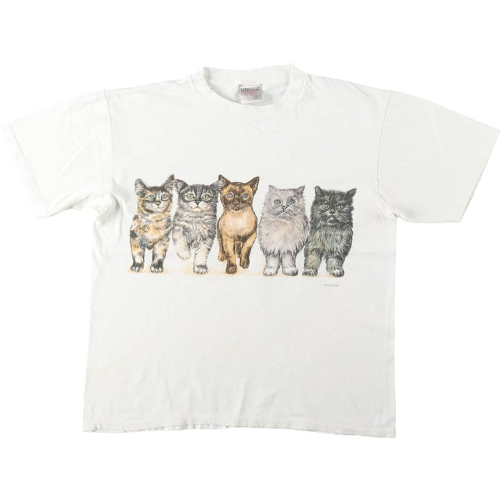 90'S ONEITA POWER-T Cat Pattern Animal T-Shirt, Made in USA, Men's Size L (Equivalent), Vintage cotton white type Vintage Second Hand
