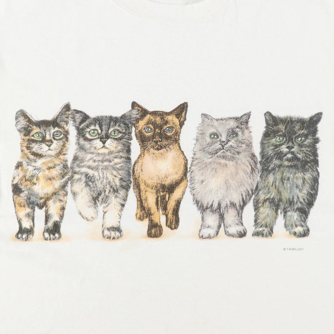 90'S ONEITA POWER-T Cat Pattern Animal T-Shirt, Made in USA, Men's Size L (Equivalent), Vintage cotton white type Vintage Second Hand