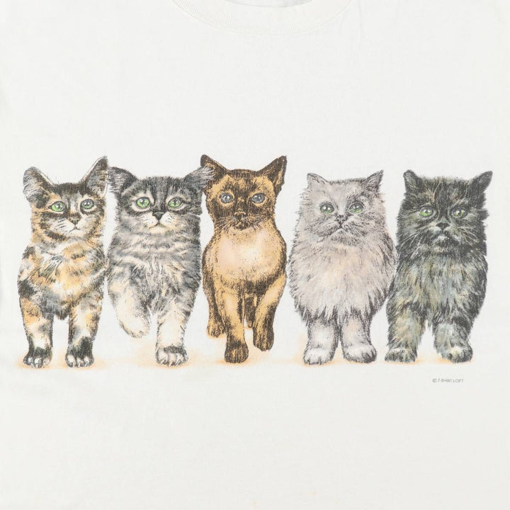 90'S ONEITA POWER-T Cat Pattern Animal T-Shirt, Made in USA, Men's Size L (Equivalent), Vintage cotton white type Vintage Second Hand