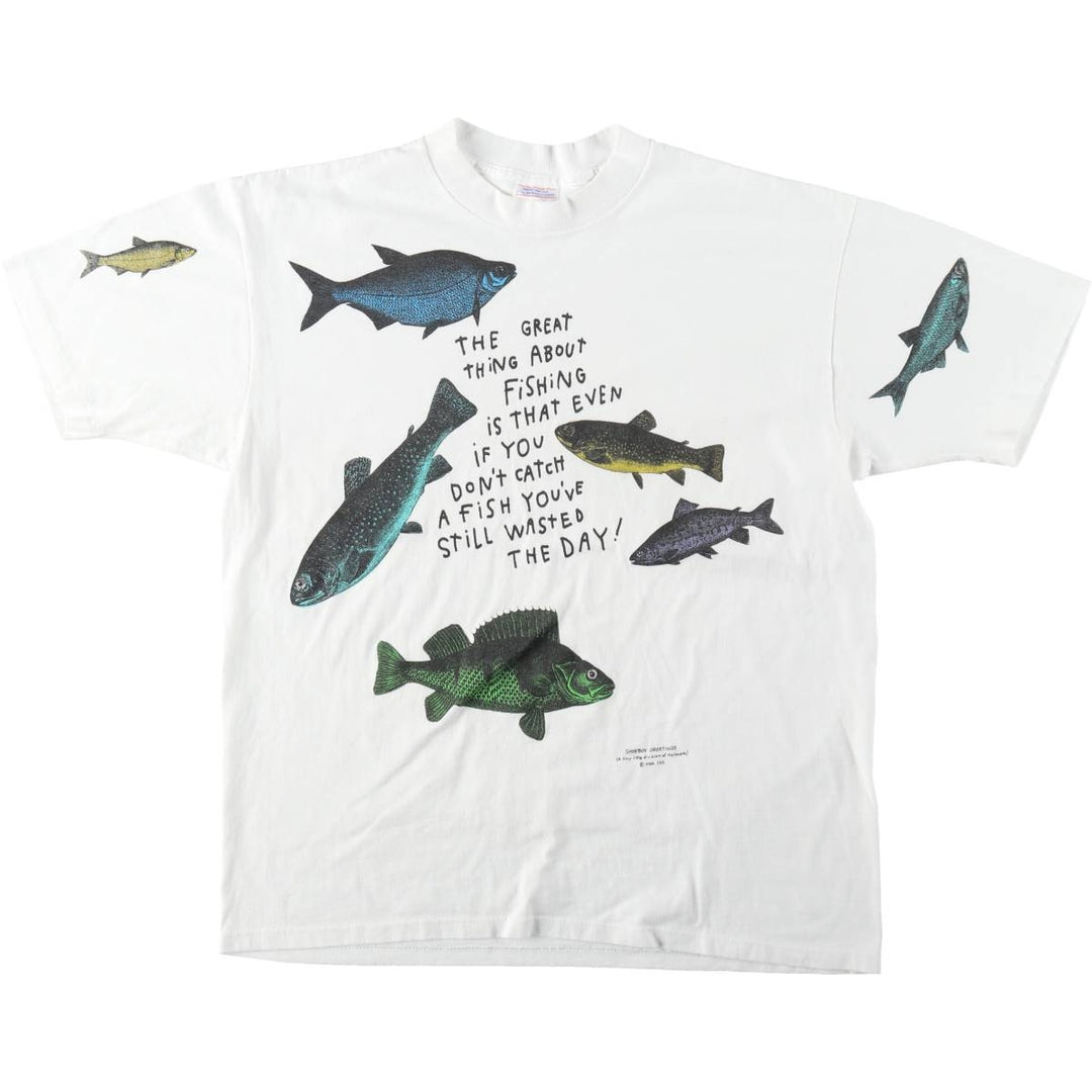 90'S SHOEBICS GREETINGS Fish Print Animal T-Shirt, Made in USA, Men's XL equivalent, Vintage cotton white type Vintage Second Hand