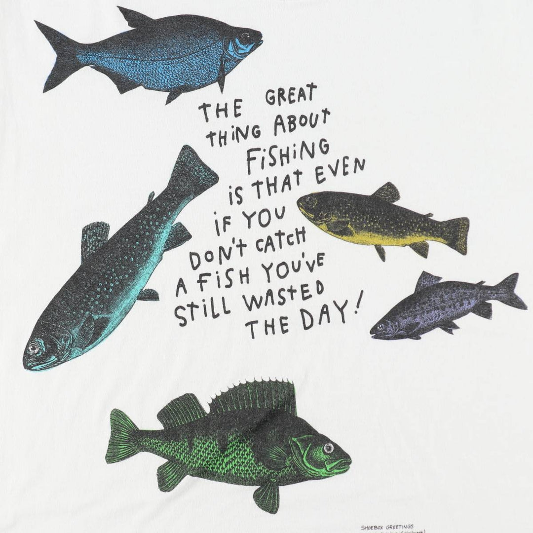 90'S SHOEBICS GREETINGS Fish Print Animal T-Shirt, Made in USA, Men's XL equivalent, Vintage cotton white type Vintage Second Hand