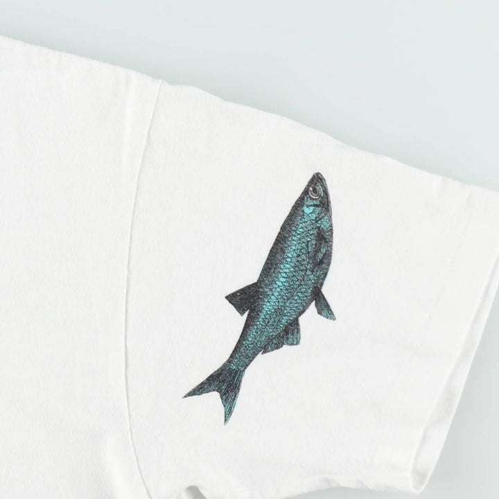 90'S SHOEBICS GREETINGS Fish Print Animal T-Shirt, Made in USA, Men's XL equivalent, Vintage cotton white type Vintage Second Hand