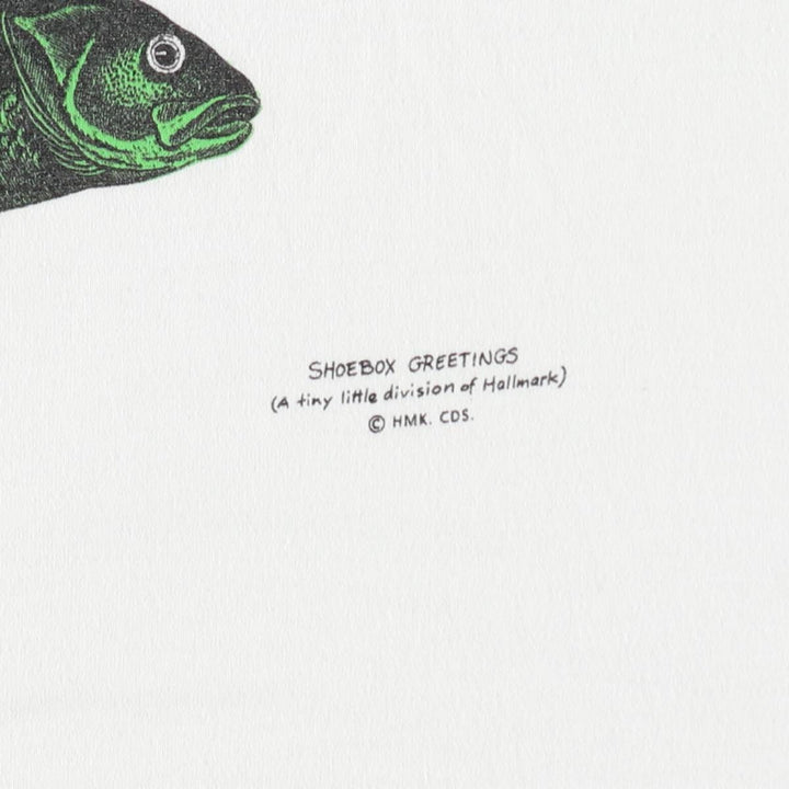90'S SHOEBICS GREETINGS Fish Print Animal T-Shirt, Made in USA, Men's XL equivalent, Vintage cotton white type Vintage Second Hand