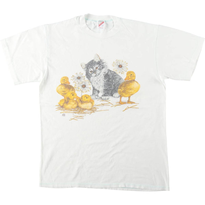 90'S Jerzees Cat Pattern Bird Animal T-Shirt, Made in USA, Men's Size L (approx.), Vintage cotton white type Vintage Second Hand
