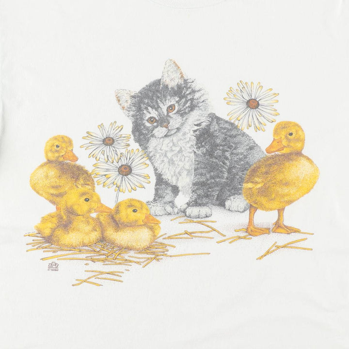 90'S Jerzees Cat Pattern Bird Animal T-Shirt, Made in USA, Men's Size L (approx.), Vintage cotton white type Vintage Second Hand