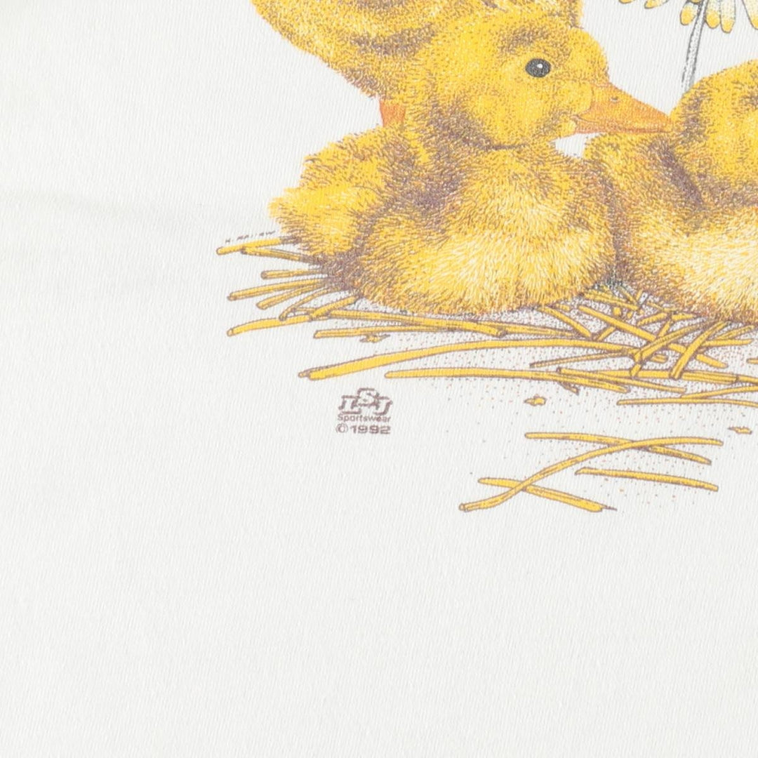 90'S Jerzees Cat Pattern Bird Animal T-Shirt, Made in USA, Men's Size L (approx.), Vintage cotton white type Vintage Second Hand