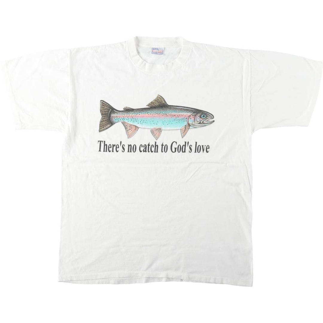 90'S All Sport Fish Print Animal T-Shirt, Men's XL (approx.), Vintage cotton white type Vintage Second Hand