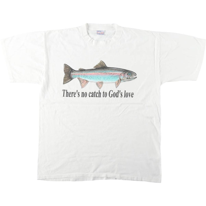 90'S All Sport Fish Print Animal T-Shirt, Men's XL (approx.), Vintage cotton white type Vintage Second Hand