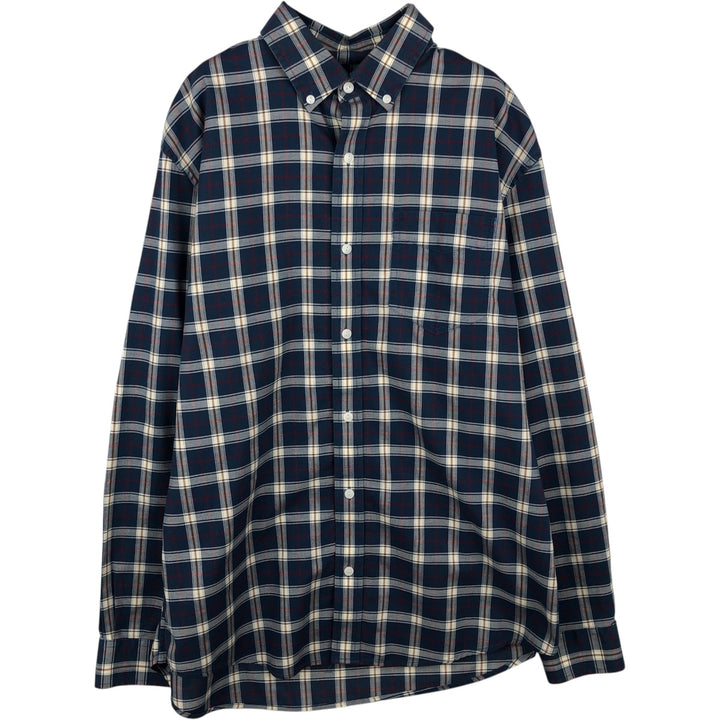 LLBean Traditional Fit Short-Sleeve Button-Down Check Shirt, Men's Size M (approx.) cotton navy blue type Vintage Second Hand