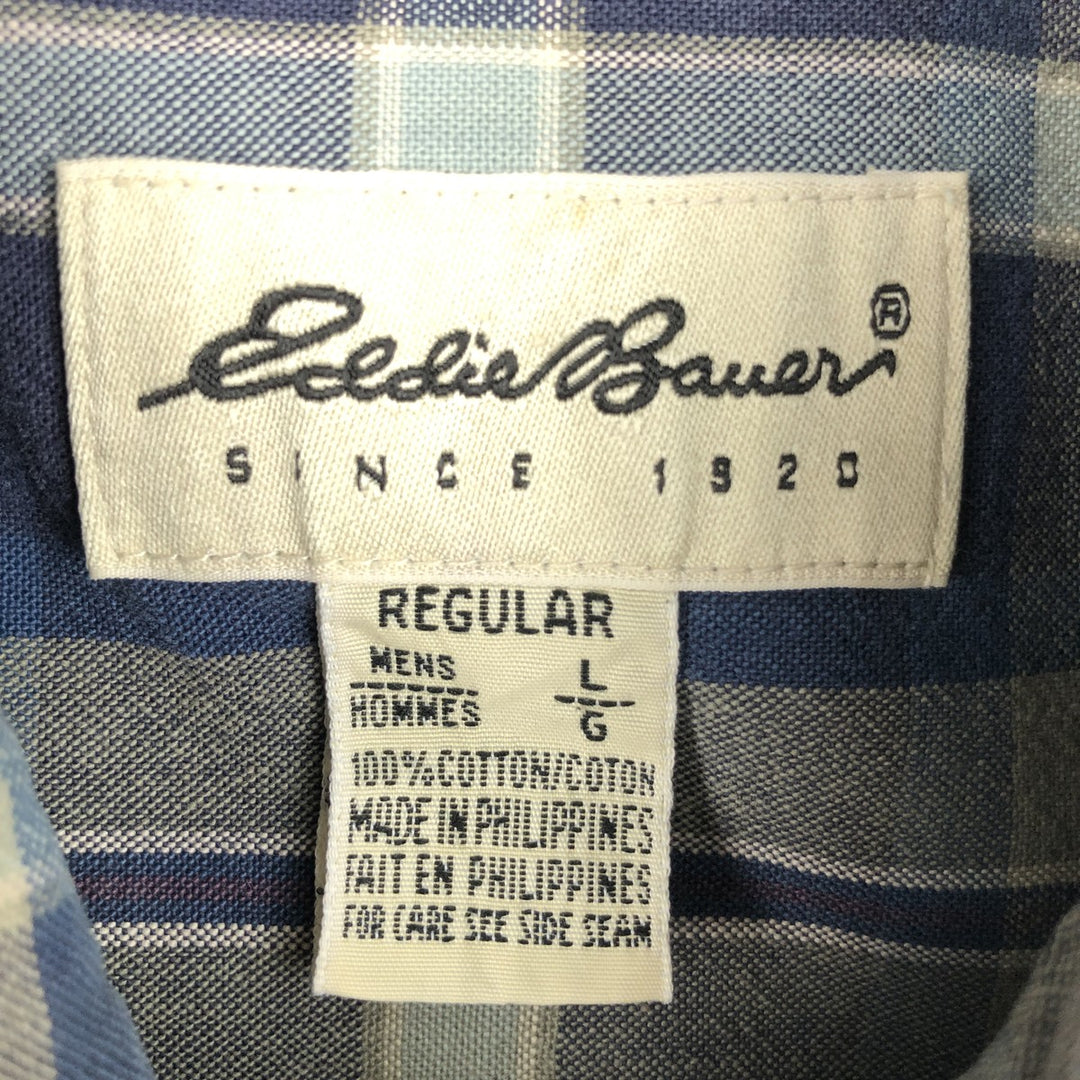 90s~ Eddie Bauer Long Sleeve Button-Down Check Shirt, Men's Size L, Vintage cotton blue type Vintage Second Hand