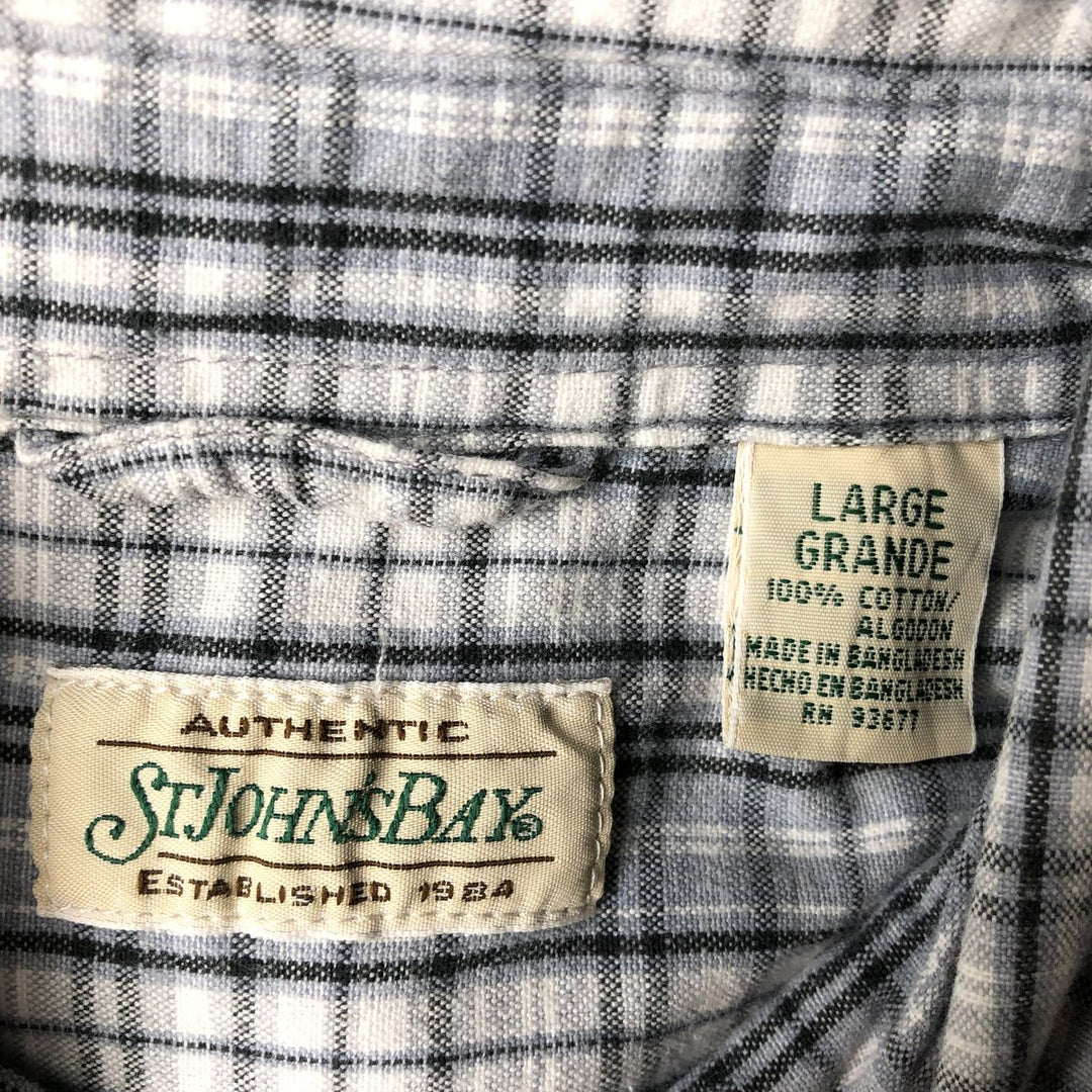 1990'S St. John's Bay Short-Sleeve Button-Down Check Shirt, Men's Size L (approx.), Vintage cotton Blue type light blue Vintage Second Hand
