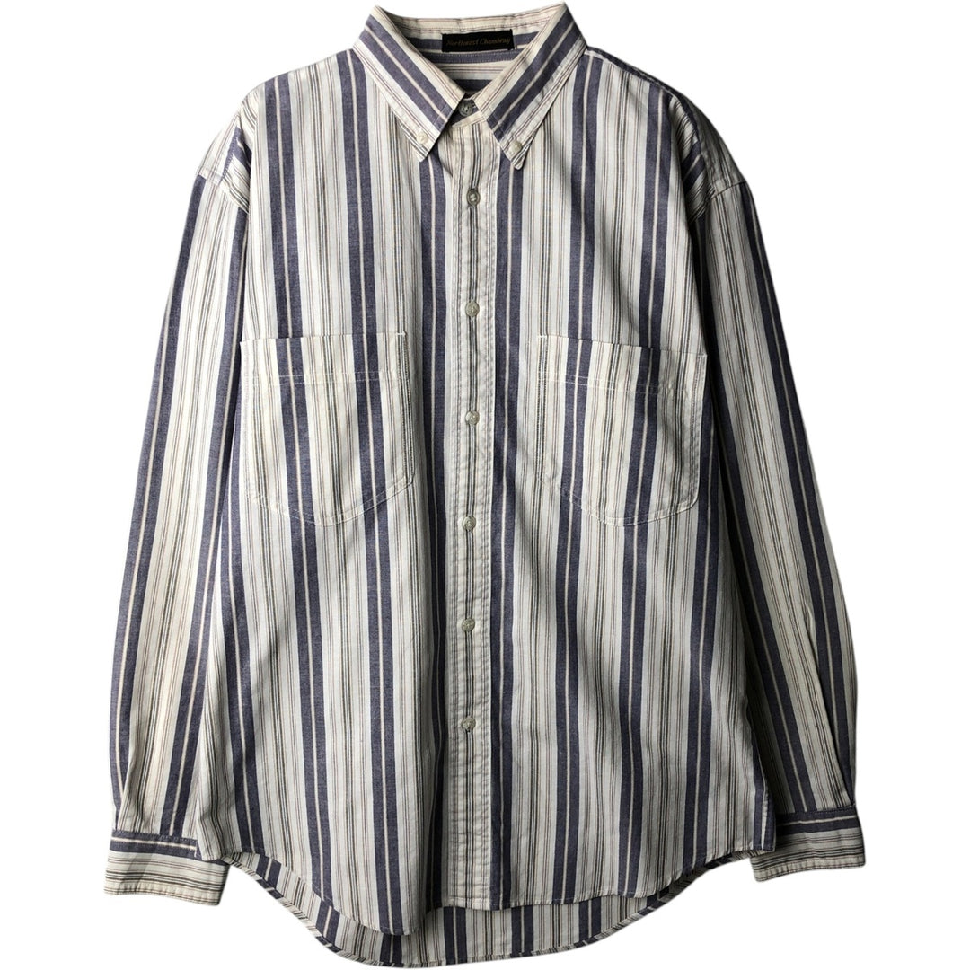 1970'S Eddie Bauer Black Tag Long Sleeve Button-Down Striped Shirt, Made in USA, Men's Size M (Equivalent), Vintage cotton navy blue type Vintage Second Hand