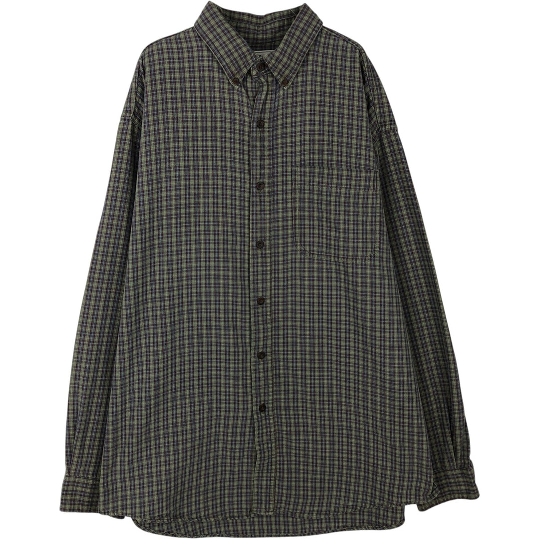 70s-80'S LL Bean Long-Sleeve Button-Down Check Shirt, Made in USA, Men's Size L (Equivalent), Vintage cotton Khaki type Vintage Second Hand