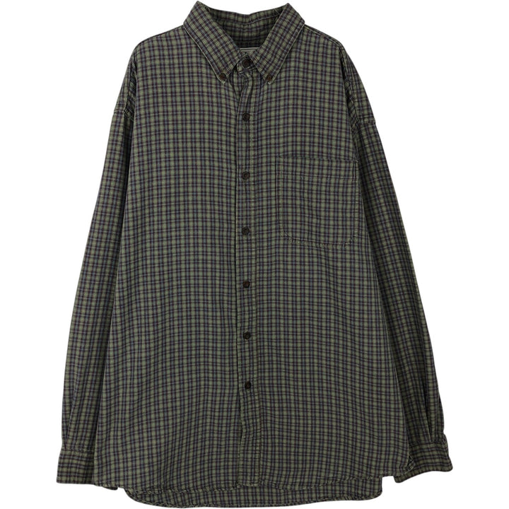 70s-80'S LL Bean Long-Sleeve Button-Down Check Shirt, Made in USA, Men's Size L (Equivalent), Vintage cotton Khaki type Vintage Second Hand