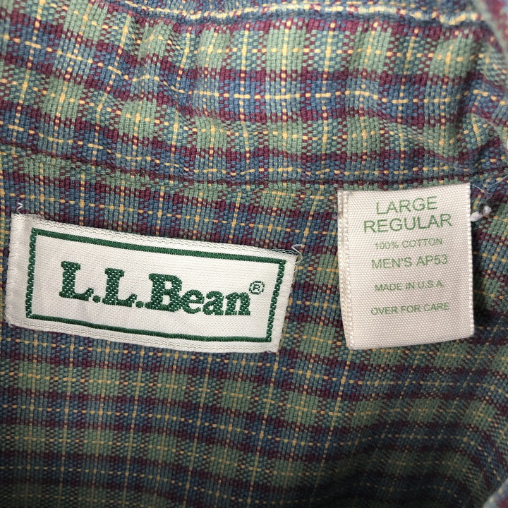 70s-80'S LL Bean Long-Sleeve Button-Down Check Shirt, Made in USA, Men's Size L (Equivalent), Vintage cotton Khaki type Vintage Second Hand
