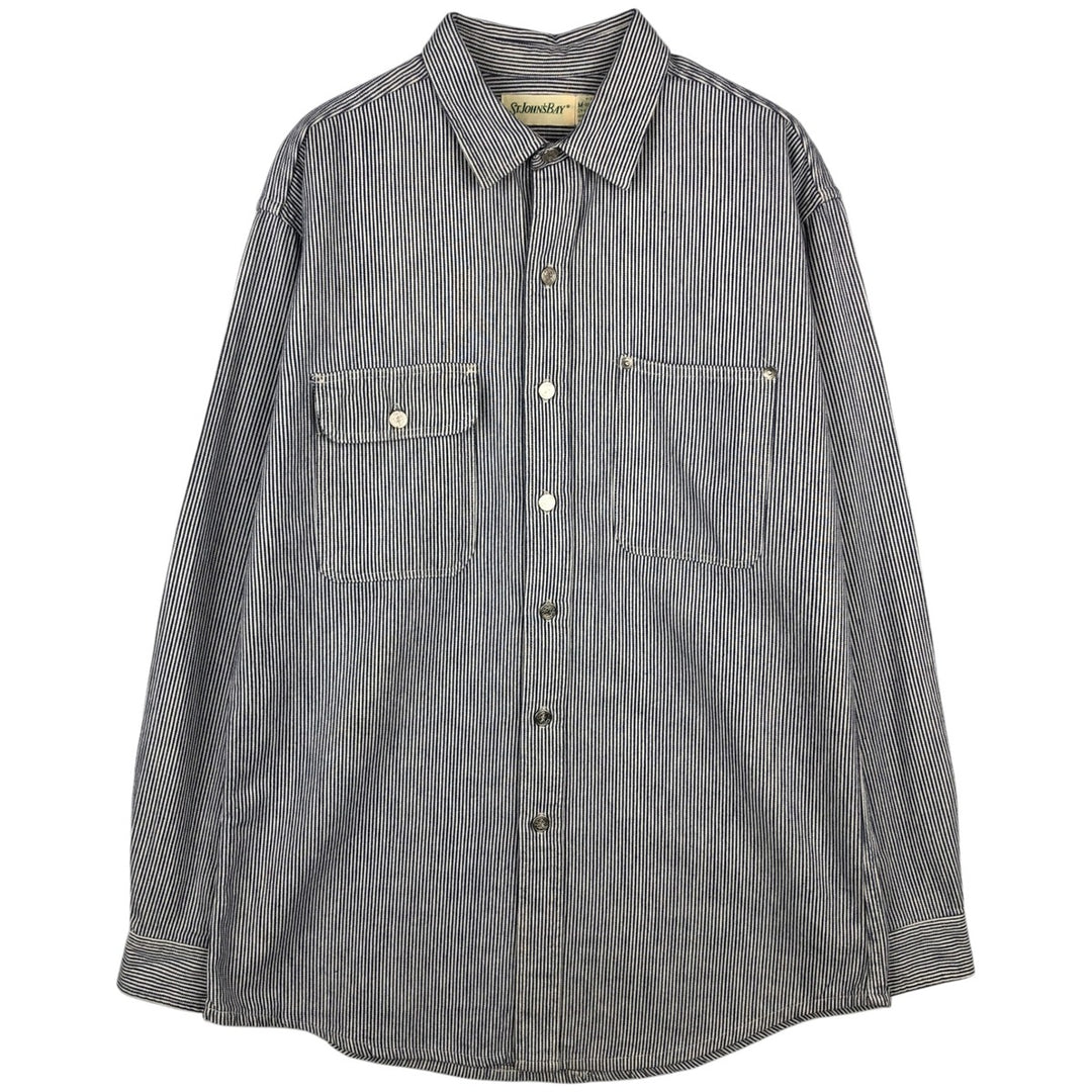 St. John's Bay Hickory Stripe Long-Sleeve Denim Shirt, Made in USA, Men's Size M (approx.) cotton pale white type Vintage Second Hand