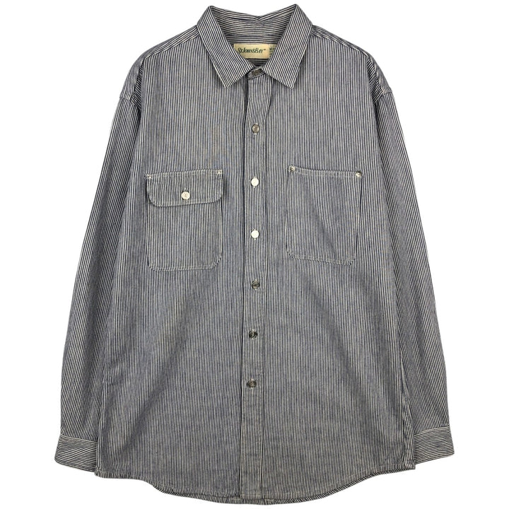 St. John's Bay Hickory Stripe Long-Sleeve Denim Shirt, Made in USA, Men's Size M (approx.) cotton pale white type Vintage Second Hand