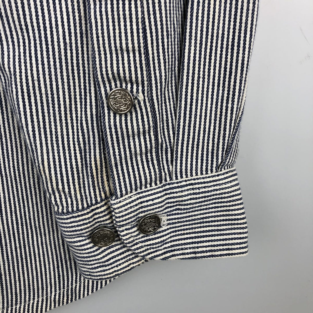 St. John's Bay Hickory Stripe Long-Sleeve Denim Shirt, Made in USA, Men's Size M (approx.) cotton pale white type Vintage Second Hand