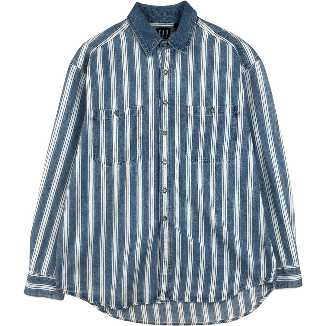 90s-00'S GAP DENIM Old GAP Stripe Pattern Long Sleeve Denim Shirt Men's Size L (Equivalent) Vintage cotton blue type Vintage Second Hand