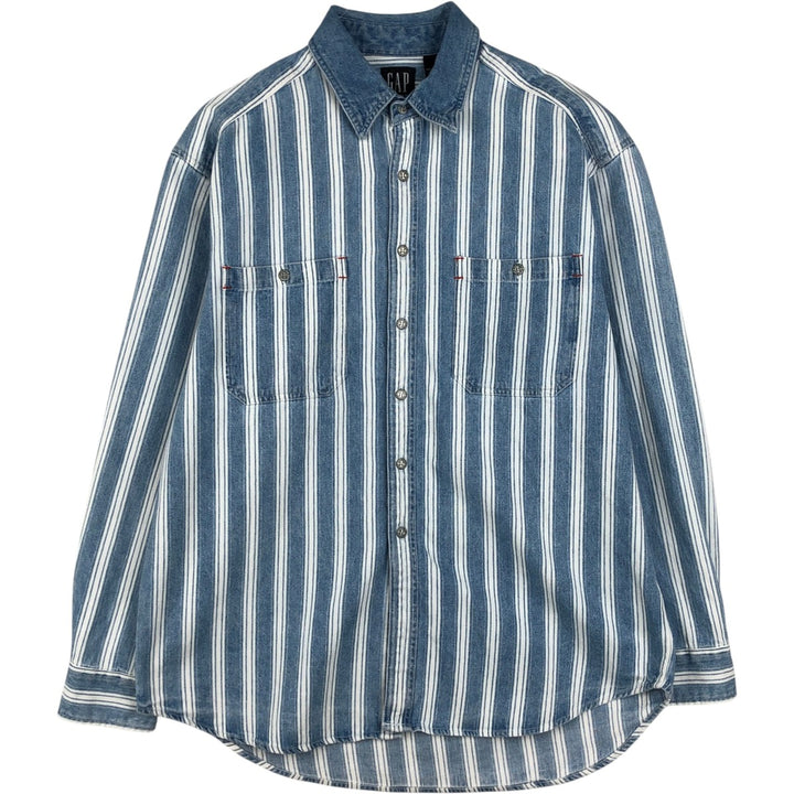90s-00'S GAP DENIM Old GAP Stripe Pattern Long Sleeve Denim Shirt Men's Size L (Equivalent) Vintage cotton blue type Vintage Second Hand