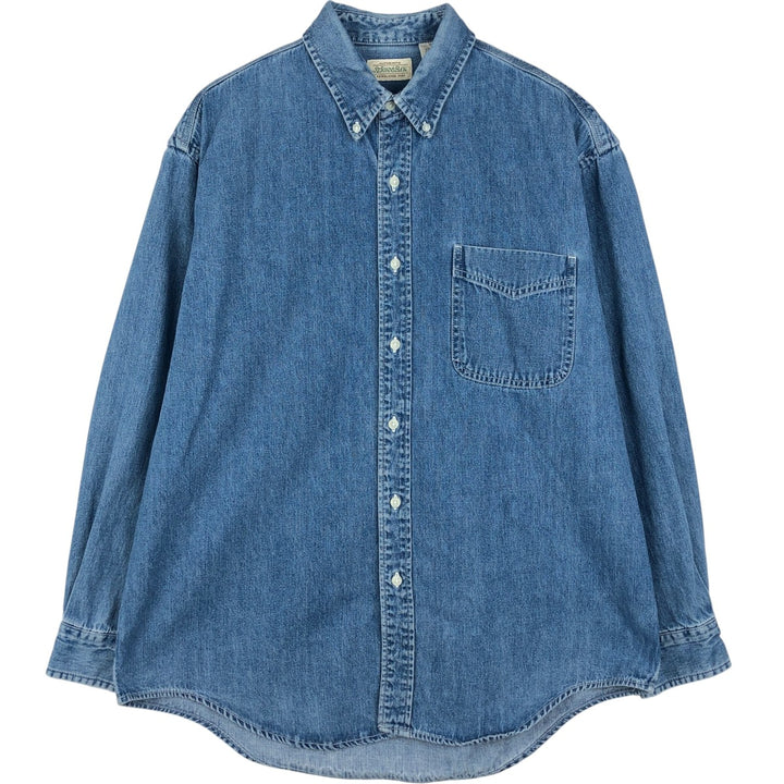 1990'S St. John's Bay Authentic Long-Sleeve Button-Down Denim Shirt, Men's Size L (approx.), Vintage cotton blue type Vintage Second Hand