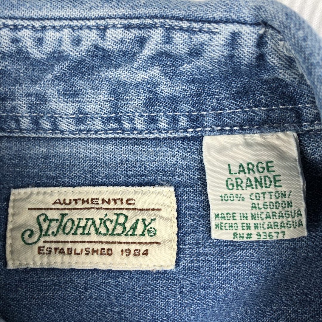 1990'S St. John's Bay Authentic Long-Sleeve Button-Down Denim Shirt, Men's Size L (approx.), Vintage cotton blue type Vintage Second Hand