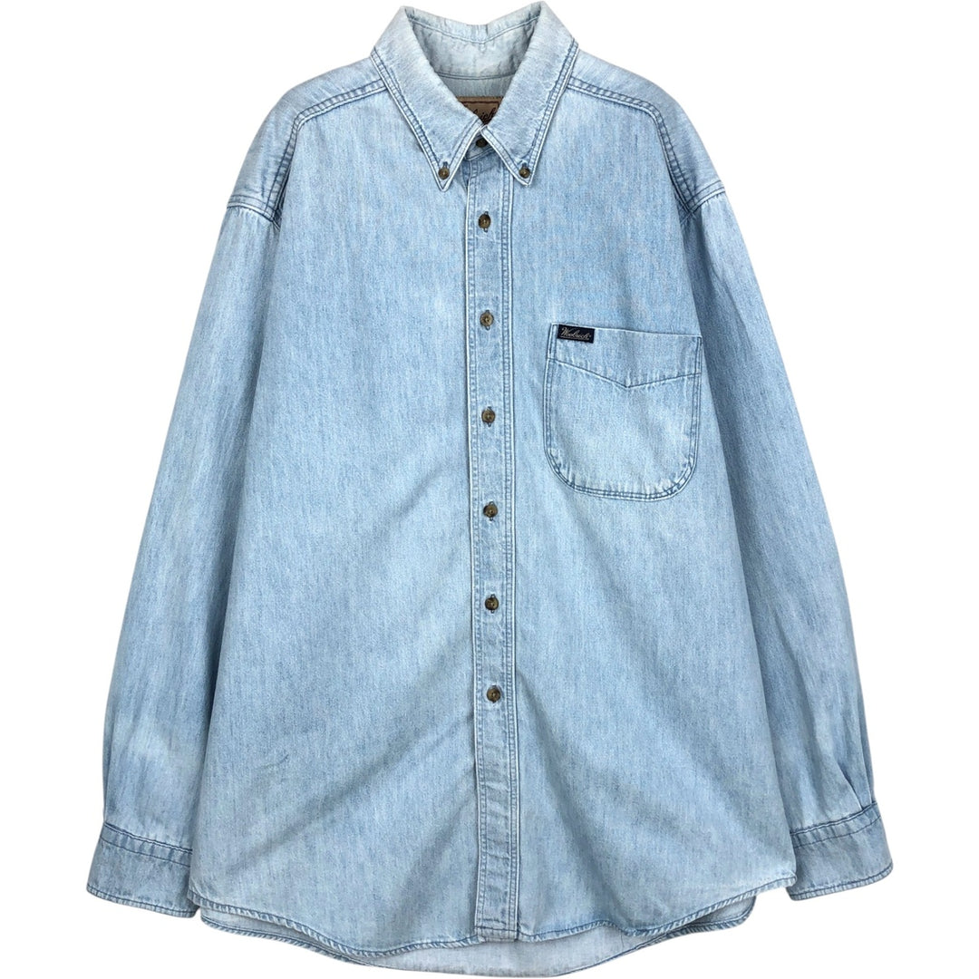 90s-00'S Woolrich long-sleeved button-down denim shirt, made in USA, men's size L (approx.) cotton blue type Vintage Second Hand