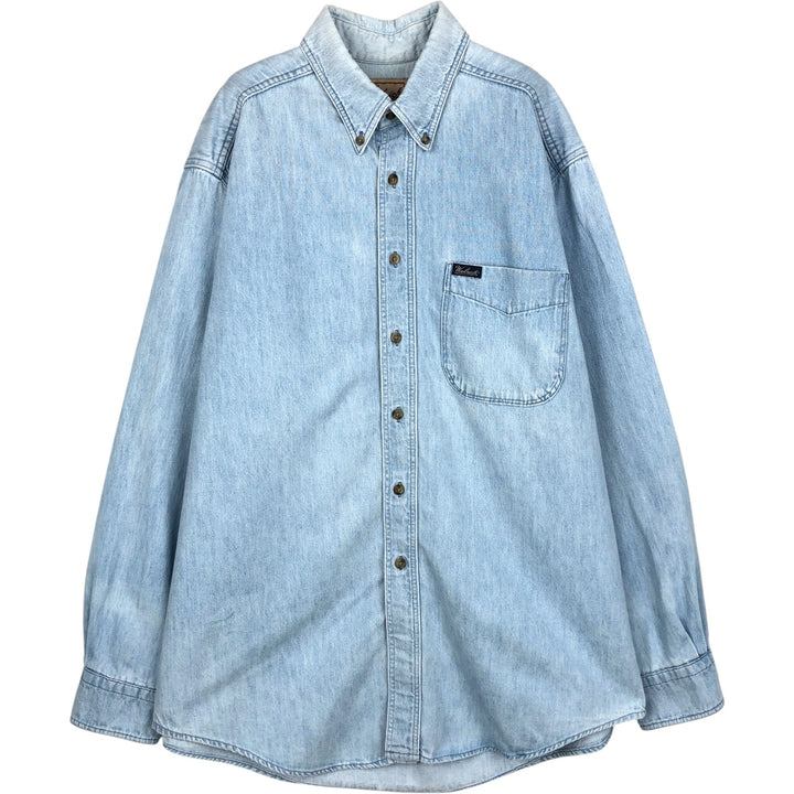 90s-00'S Woolrich long-sleeved button-down denim shirt, made in USA, men's size L (approx.) cotton blue type Vintage Second Hand