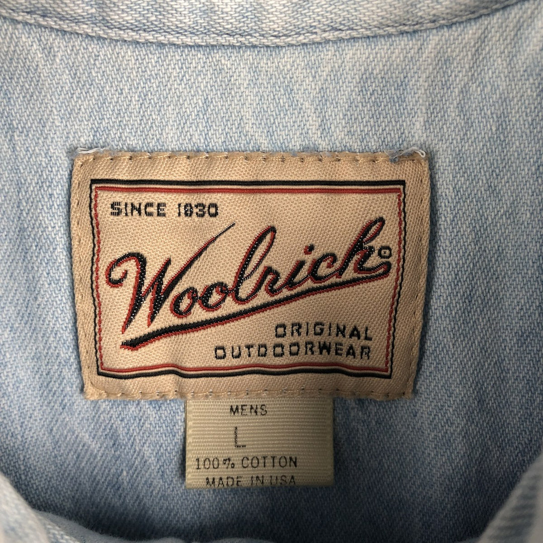 90s-00'S Woolrich long-sleeved button-down denim shirt, made in USA, men's size L (approx.) cotton blue type Vintage Second Hand