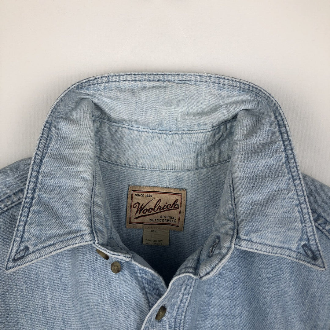 90s-00'S Woolrich long-sleeved button-down denim shirt, made in USA, men's size L (approx.) cotton blue type Vintage Second Hand