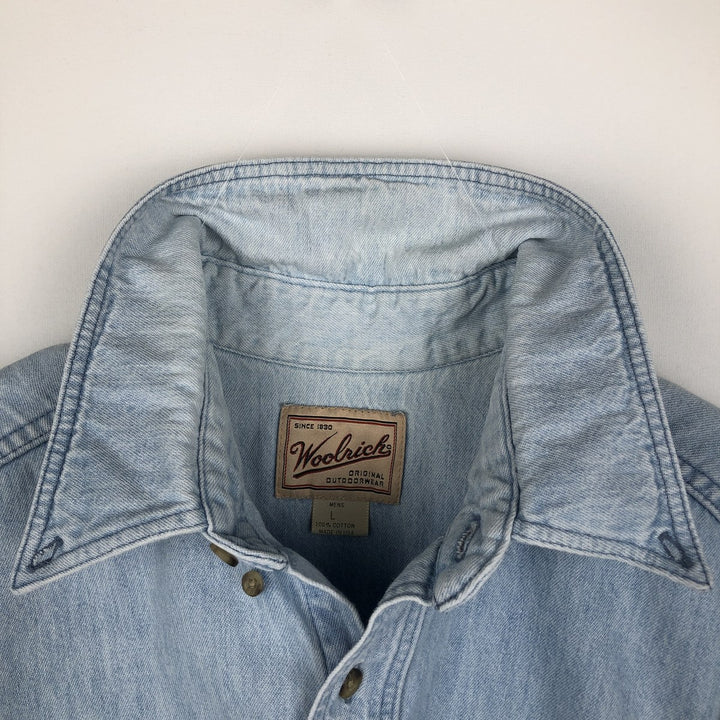 90s-00'S Woolrich long-sleeved button-down denim shirt, made in USA, men's size L (approx.) cotton blue type Vintage Second Hand