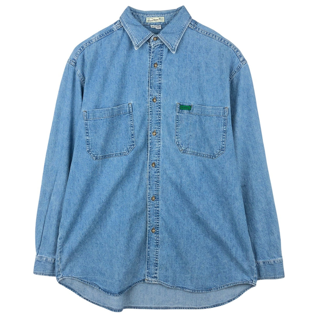 80s-90'S Guess Jeans Long-Sleeve Denim Shirt, Made in USA, Men's Size M (approx.), Vintage cotton blue type Vintage Second Hand