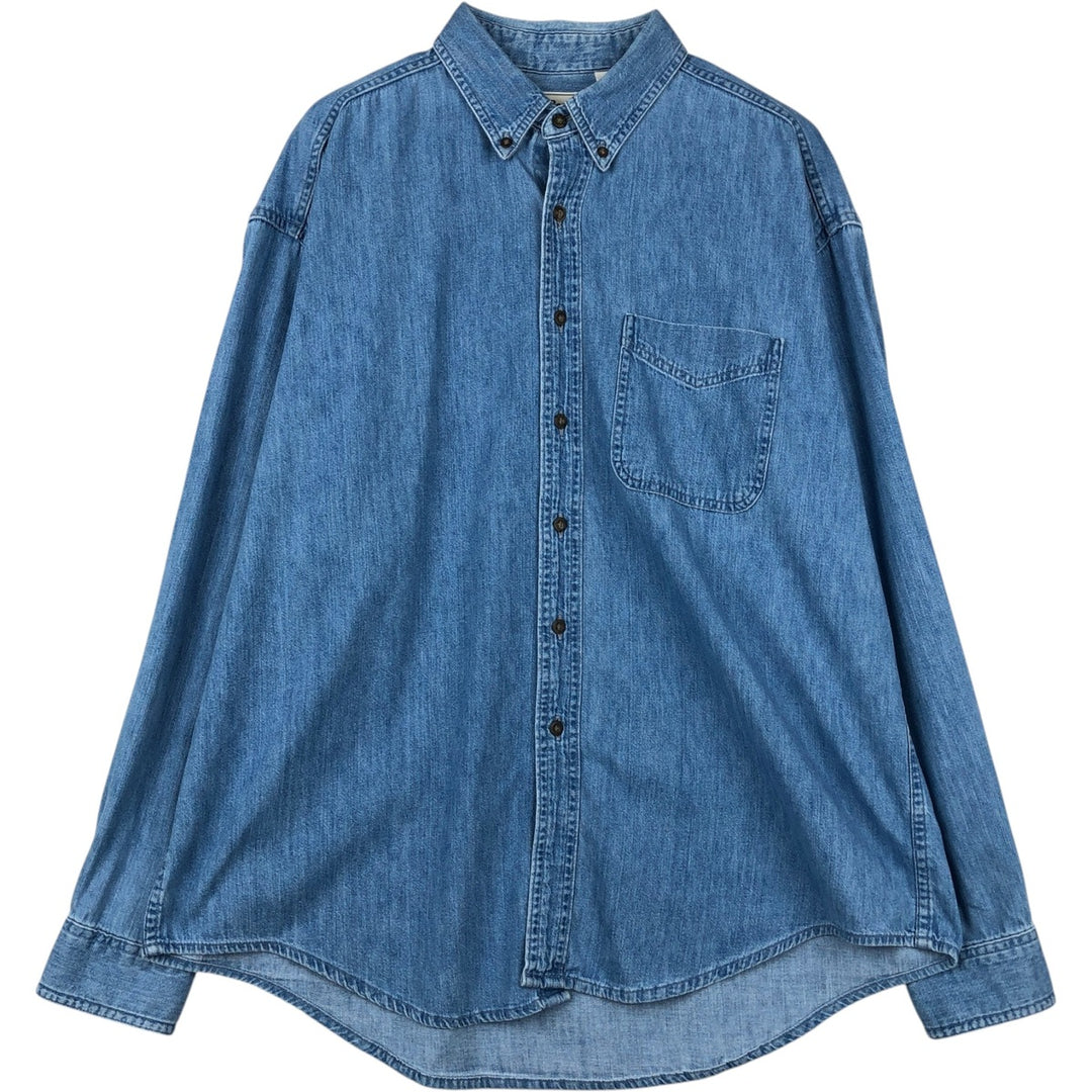 90'S LLBean Long-Sleeve Button-Down Denim Shirt, Men's Size XL (Equivalent), Vintage cotton blue type Vintage Second Hand