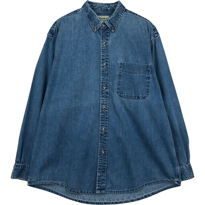 90s-00'S Eddie Bauer Long-Sleeve Button-Down Denim Shirt, Men's Size L (Equivalent), Vintage cotton blue type Vintage Second Hand
