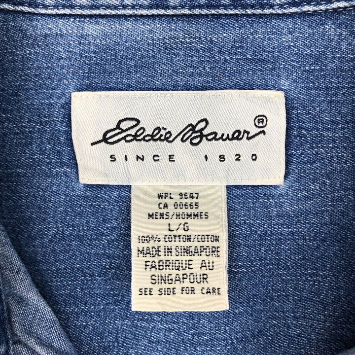 90s-00'S Eddie Bauer Long-Sleeve Button-Down Denim Shirt, Men's Size L (Equivalent), Vintage cotton blue type Vintage Second Hand