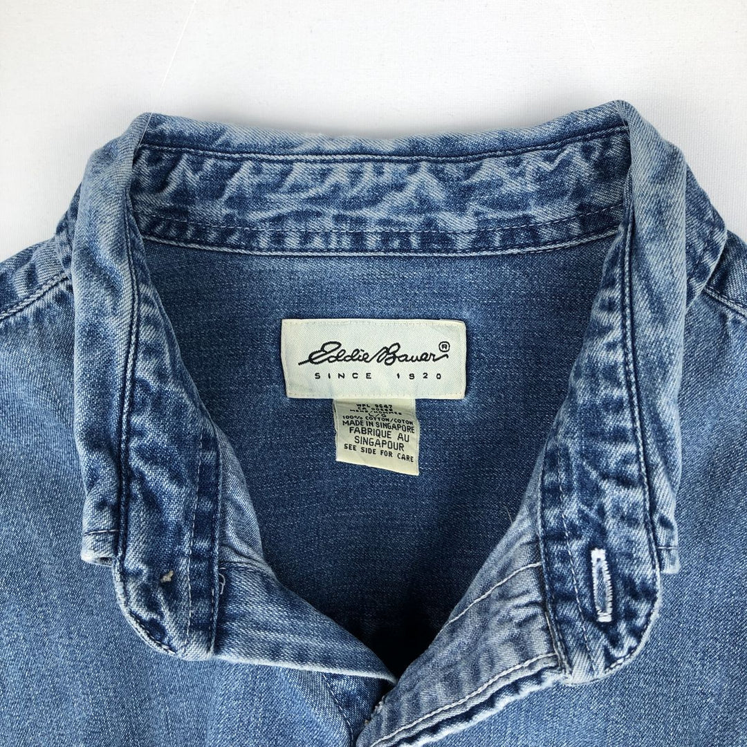 90s-00'S Eddie Bauer Long-Sleeve Button-Down Denim Shirt, Men's Size L (Equivalent), Vintage cotton blue type Vintage Second Hand