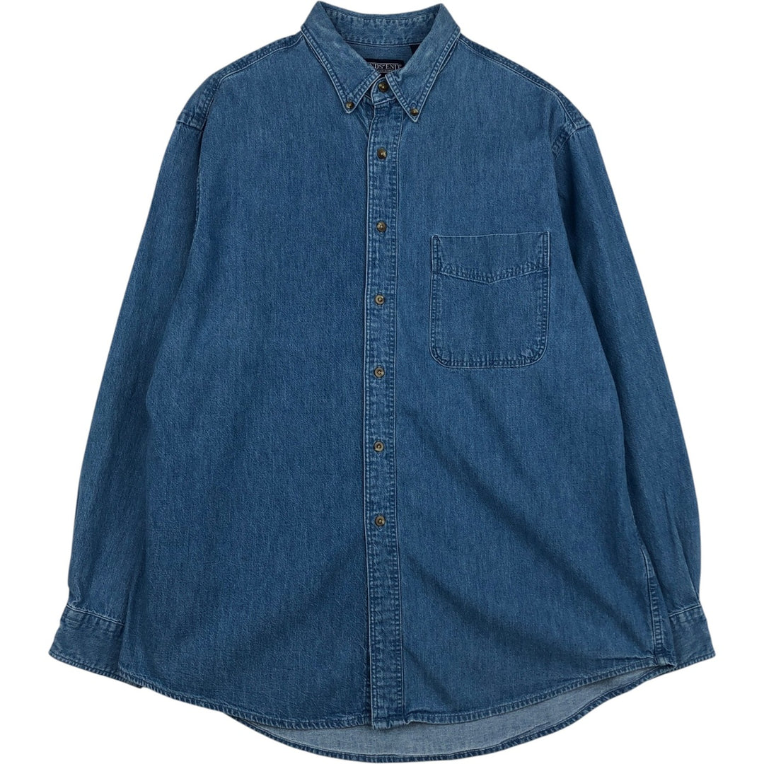 80s-90'S Lands' End Long-Sleeve Button-Down Denim Shirt, Men's Size L (Equivalent), Vintage cotton blue type Vintage Second Hand