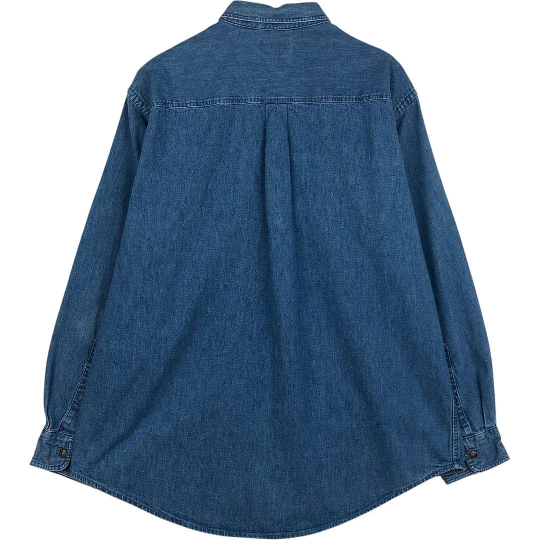 80s-90'S Lands' End Long-Sleeve Button-Down Denim Shirt, Men's Size L (Equivalent), Vintage cotton blue type Vintage Second Hand