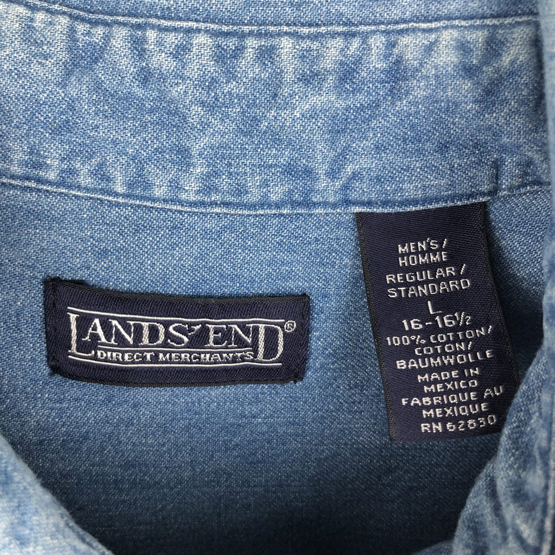80s-90'S Lands' End Long-Sleeve Button-Down Denim Shirt, Men's Size L (Equivalent), Vintage cotton blue type Vintage Second Hand